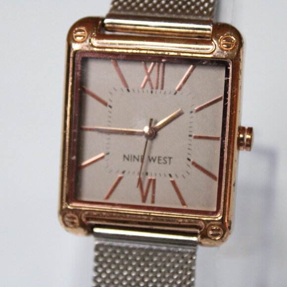 Nine West Square Rose Gold Tone Mesh Band Women’s Quartz Watch 30mm Dial - Picture 2 of 8